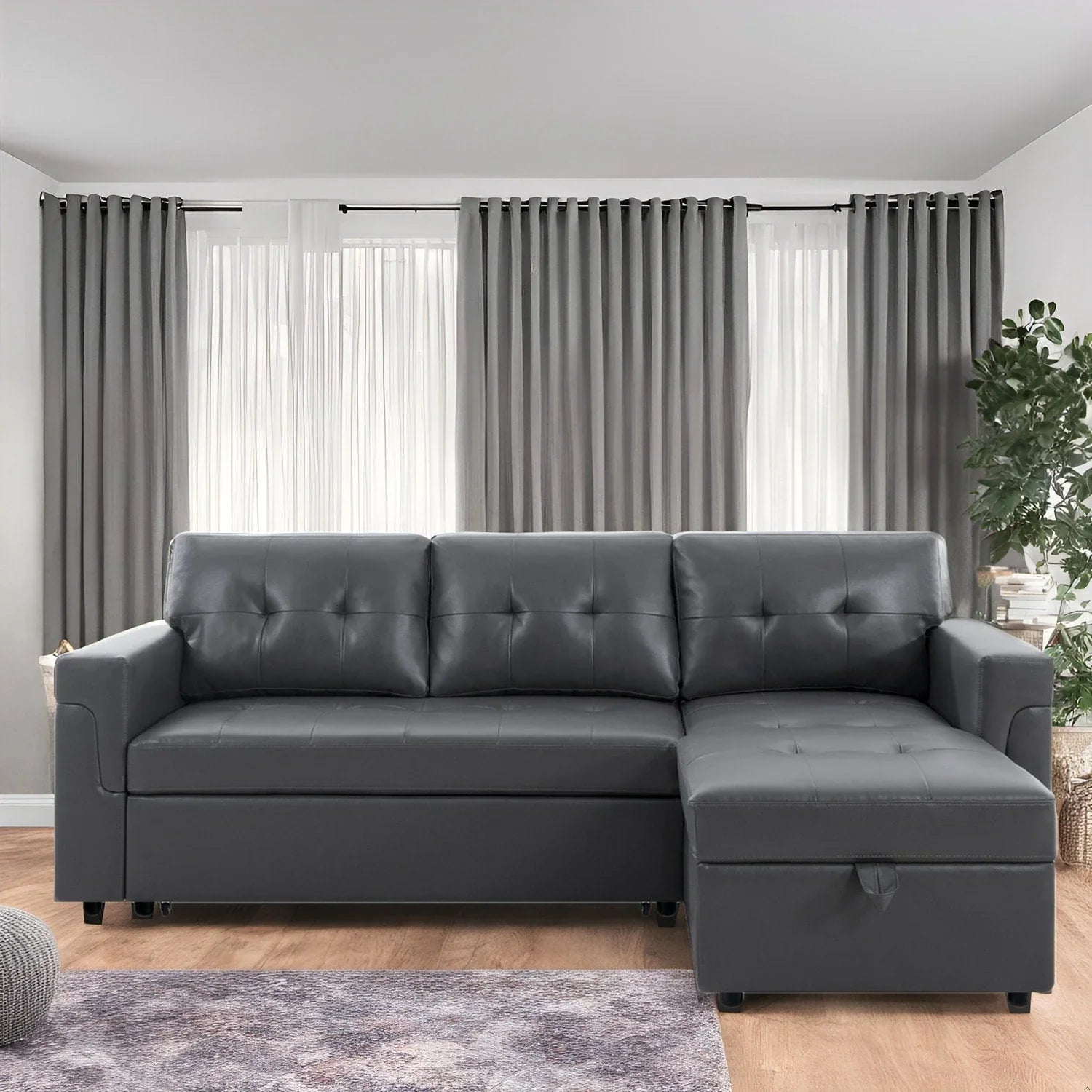 Canapé sectionnel réversible avec lit escamotable, méridienne de rangement dissimulée, pieds durables,