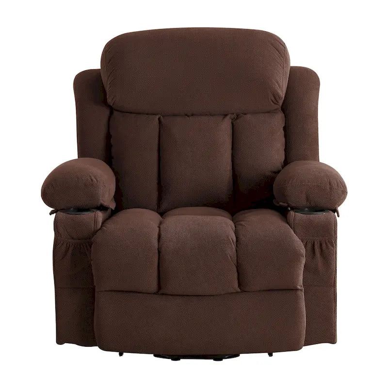 Fauteuil releveur électrique gris avec massage chauffant, charge USB, télécommande et poches latérales pratiques pour seniors