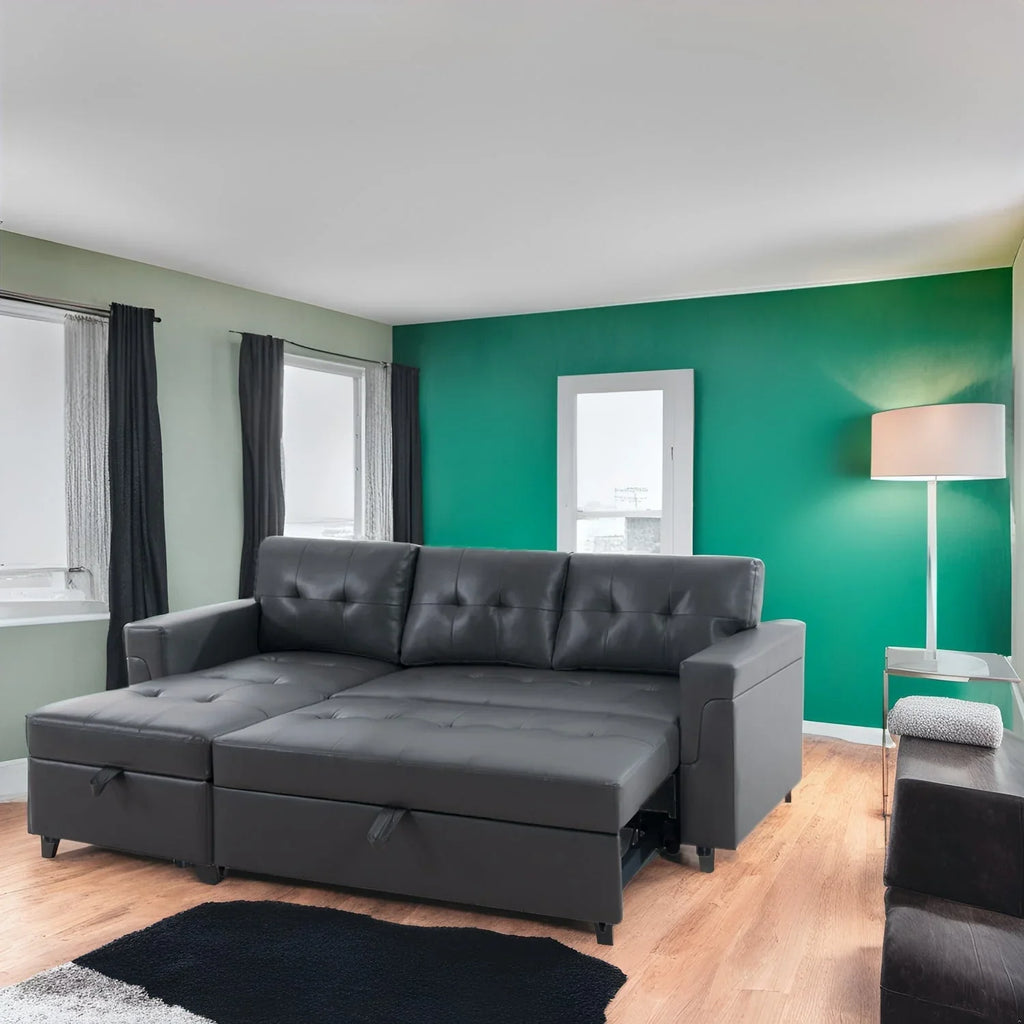 Canapé sectionnel réversible avec lit escamotable, méridienne de rangement dissimulée, pieds durables,