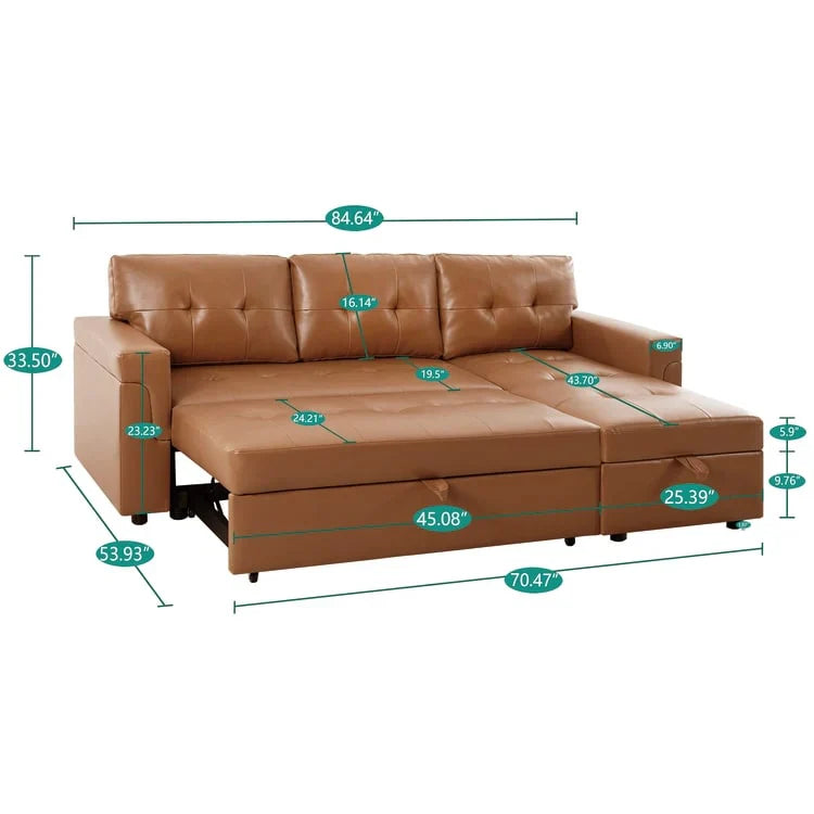 Canapé sectionnel convertible réversible avec lit escamotable, méridienne de rangement dissimulée et pieds durables