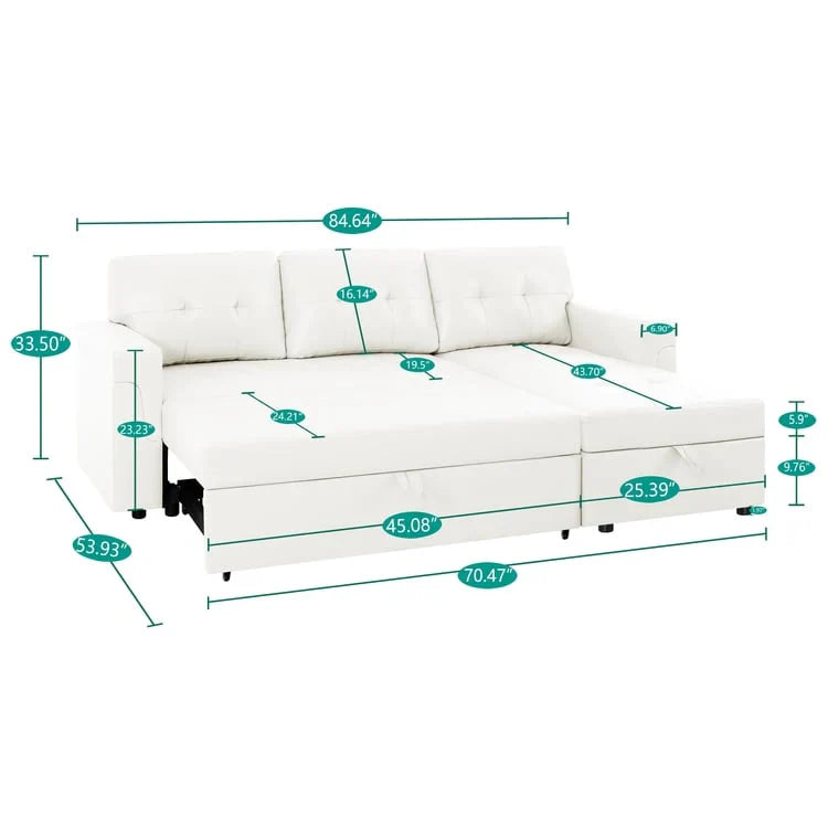 Canapé sectionnel convertible réversible avec lit escamotable, méridienne de rangement dissimulée et pieds durables