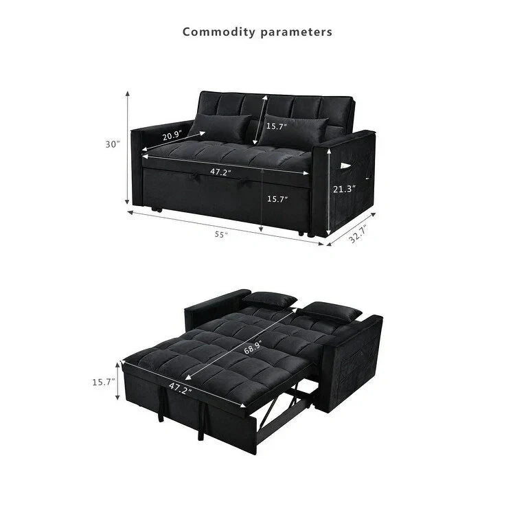 Causeuse de futon moderne en velours avec dossier inclinable et poches, 2 places – Gris foncé / Gris clair / Bleu / Noir