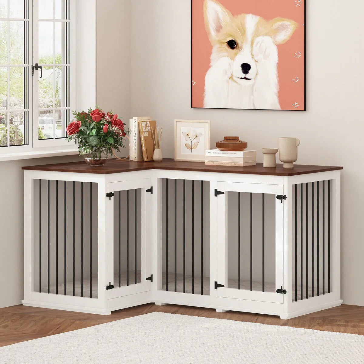 Grand meuble cage d'angle pour chien pour 2 chiens, cage pour chien en forme de L - 58.7X41.1